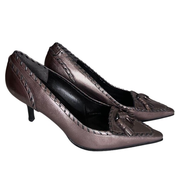 Stewat Weitzman Bronze Patten Leather Pointed Toe 2 In. Heels Tassels 8.5 Spain - Picture 1 of 10